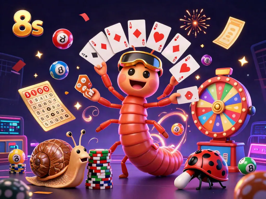 Experience exciting wins at 8s with vibrant lottery elements and animated casino characters.