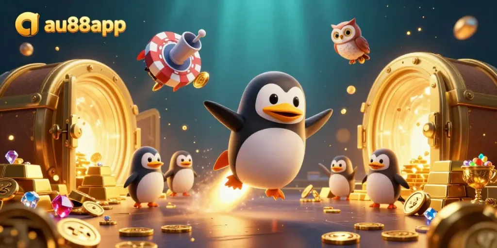 Experience thrilling wins with au88app featuring a golden penguin and casino delights.