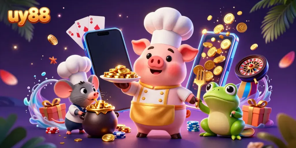 Experience uy88 with vibrant games and festive characters in a colorful casino scene.