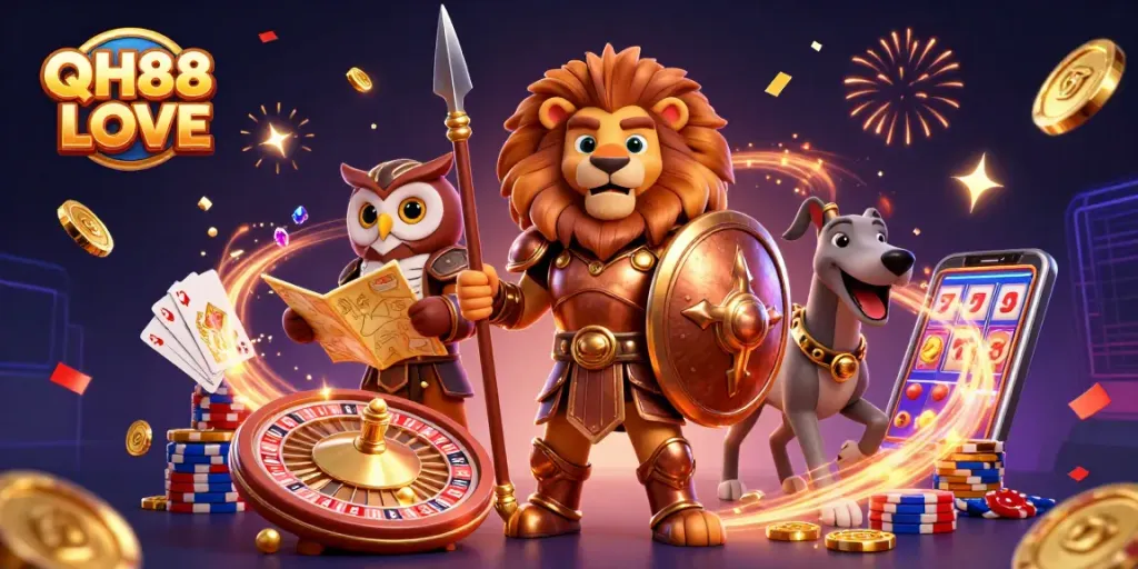 Experience thrilling gameplay at QH88 LOVE with vibrant characters and dynamic casino elements.