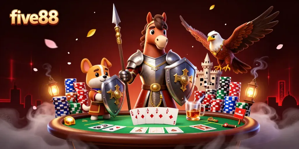 Experience epic poker battles at five88 with knights, chips, and iconic gaming elements.