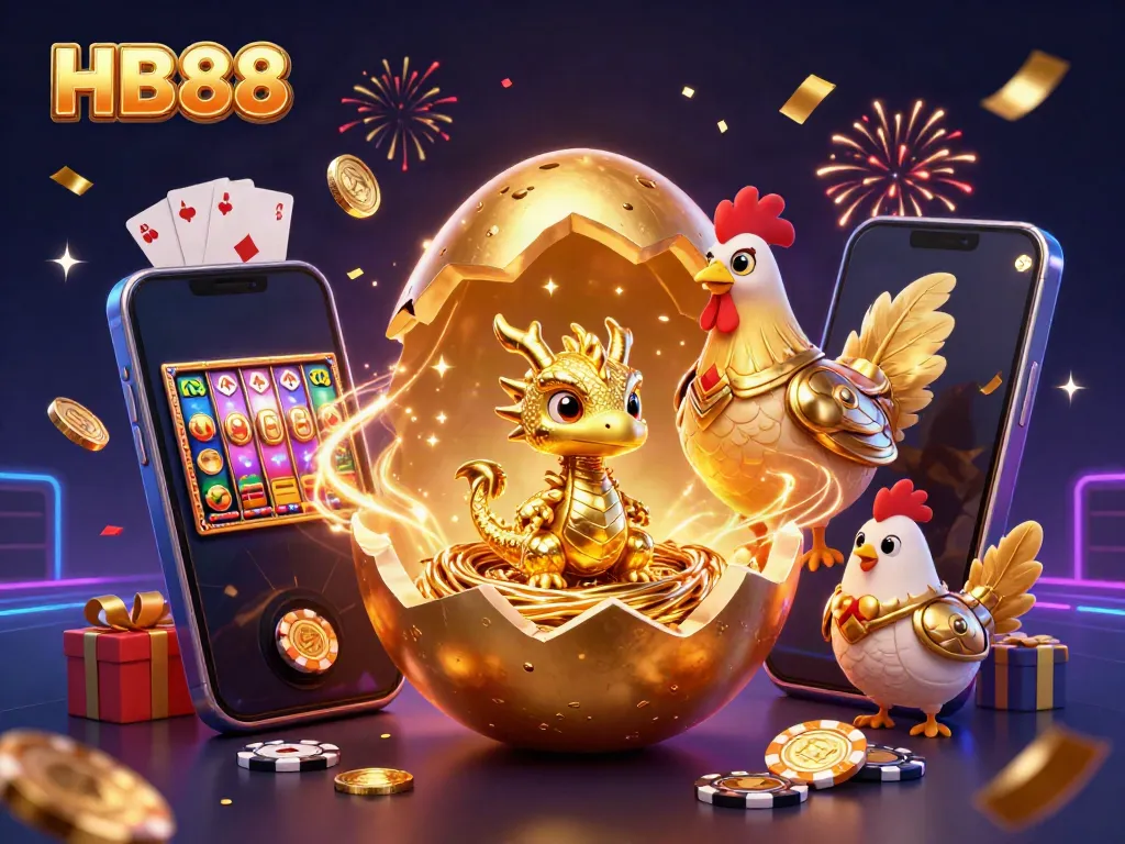 Experience HB88 with a golden dragon, poker chips, and casino games in a vibrant 3D illustration.
