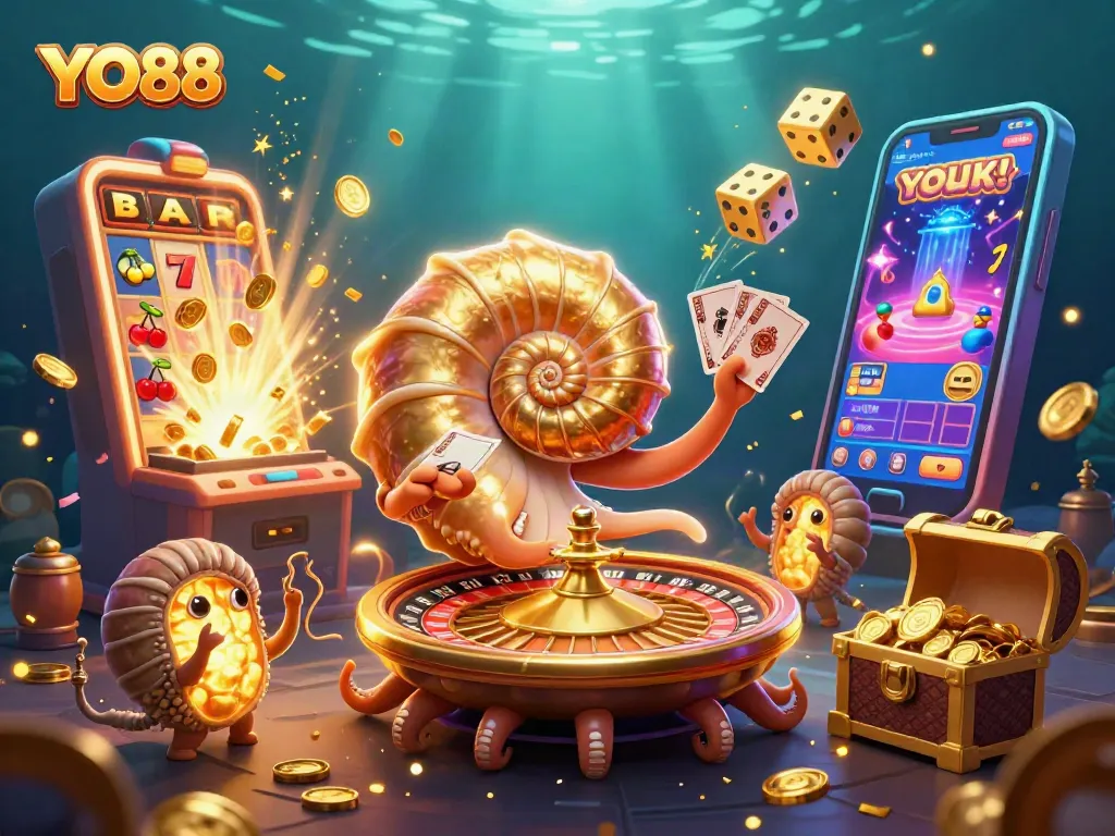 Experience the thrill of YO88 with a vibrant underwater casino scene full of exciting game elements.