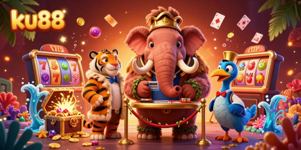 ku88 showcases an energetic casino illustration featuring a woolly mammoth bouncer, saber-tooth VIP, and vibrant slot elements.