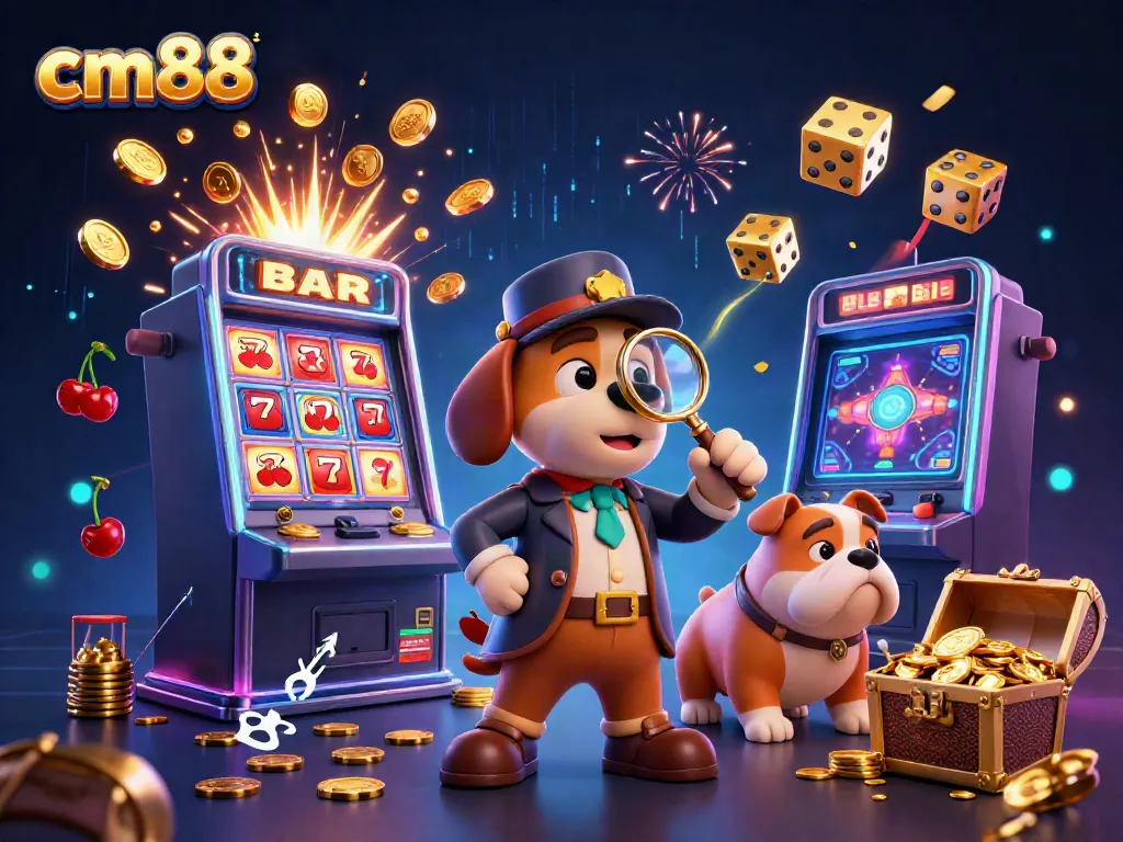 Experience thrilling gaming at cm88 with a detective and dog hunting treasures in this vibrant casino scene.