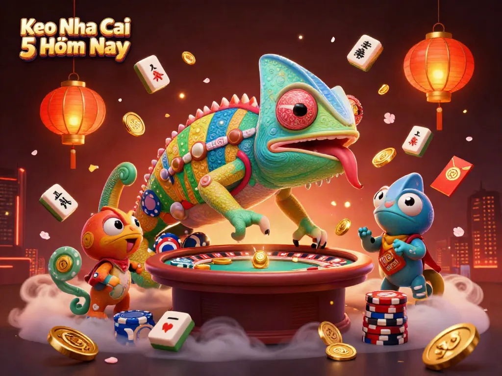 Engage with Keo Nha Cai 5 Hôm Nay through vibrant casino elements and a playful chameleon character.
