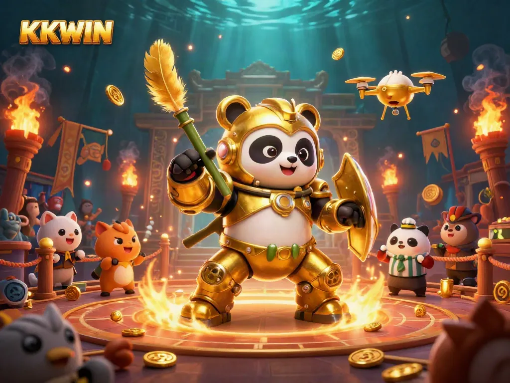 Engage with KKWIN's stunning golden panda robot in a dynamic casino atmosphere filled with golden tokens.