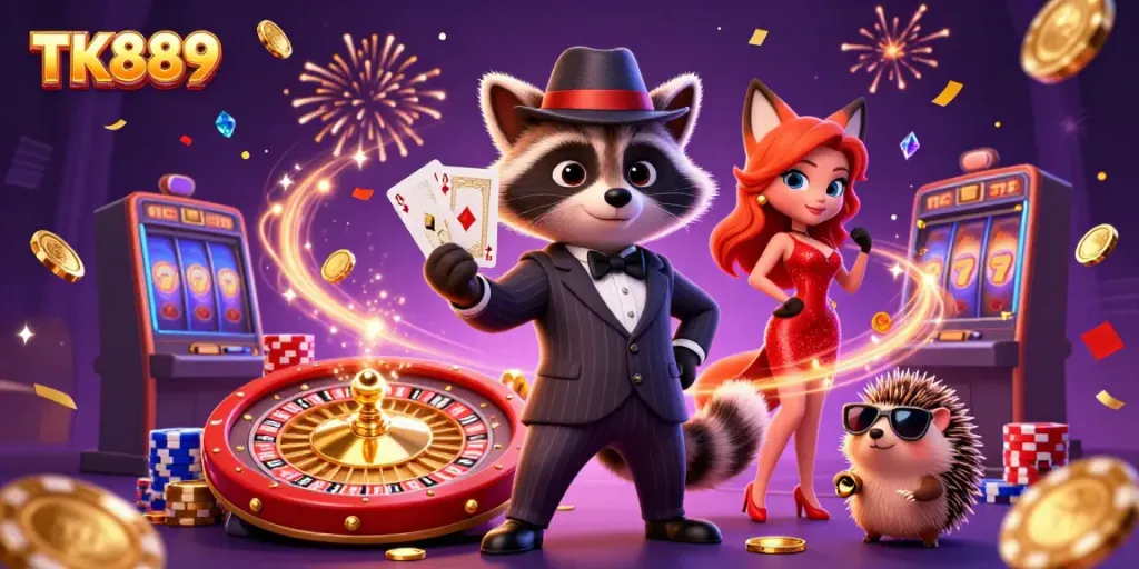 Experience exciting gambling at TK889 with vibrant characters, casino elements, and dynamic visuals.