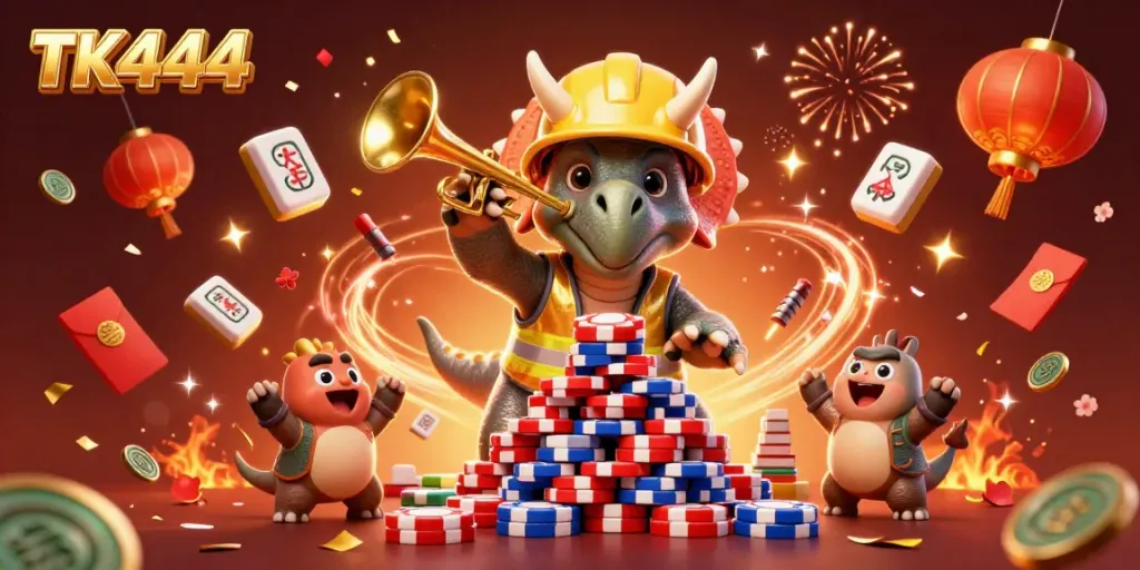 Experience the excitement of TK444 with a vibrant celebration of wins, featuring dynamic casino elements.
