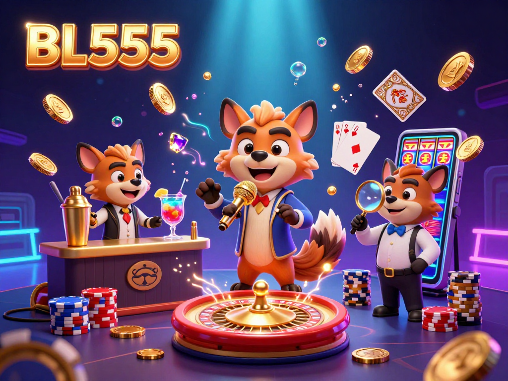 Experience the exciting atmosphere at BL555's casino with vibrant hyena characters and golden rewards.