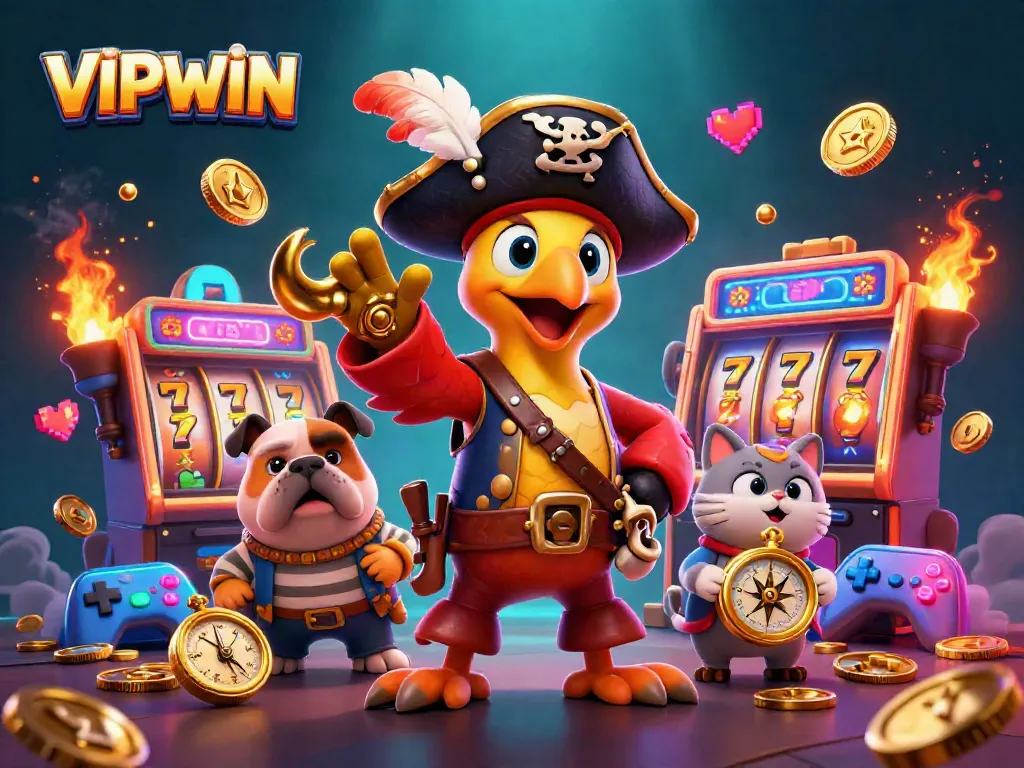 VIPWIN's vibrant casino scene features a lively pirate themed illustration with slot machines, offering gamblers excitement and entertainment.