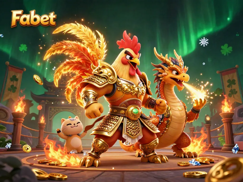 Experience thrilling gameplay at Fabet with a dynamic fighting rooster and dragon scene