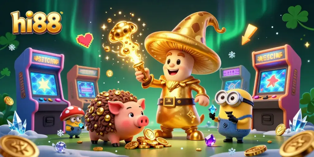 Experience breathtaking gaming magic at hi88 with a golden wizard, truffle pig, and treasure gemstones.