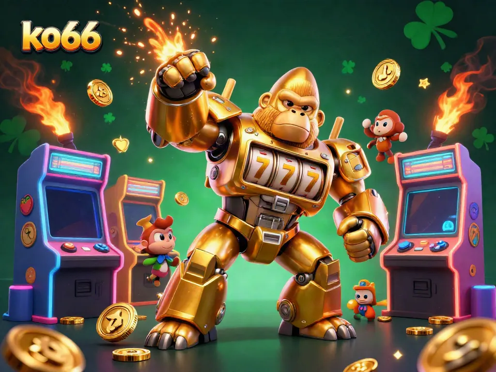 Engage with exciting games at ko66 featuring vibrant 3D casino illustration with golden mech and arcade elements.