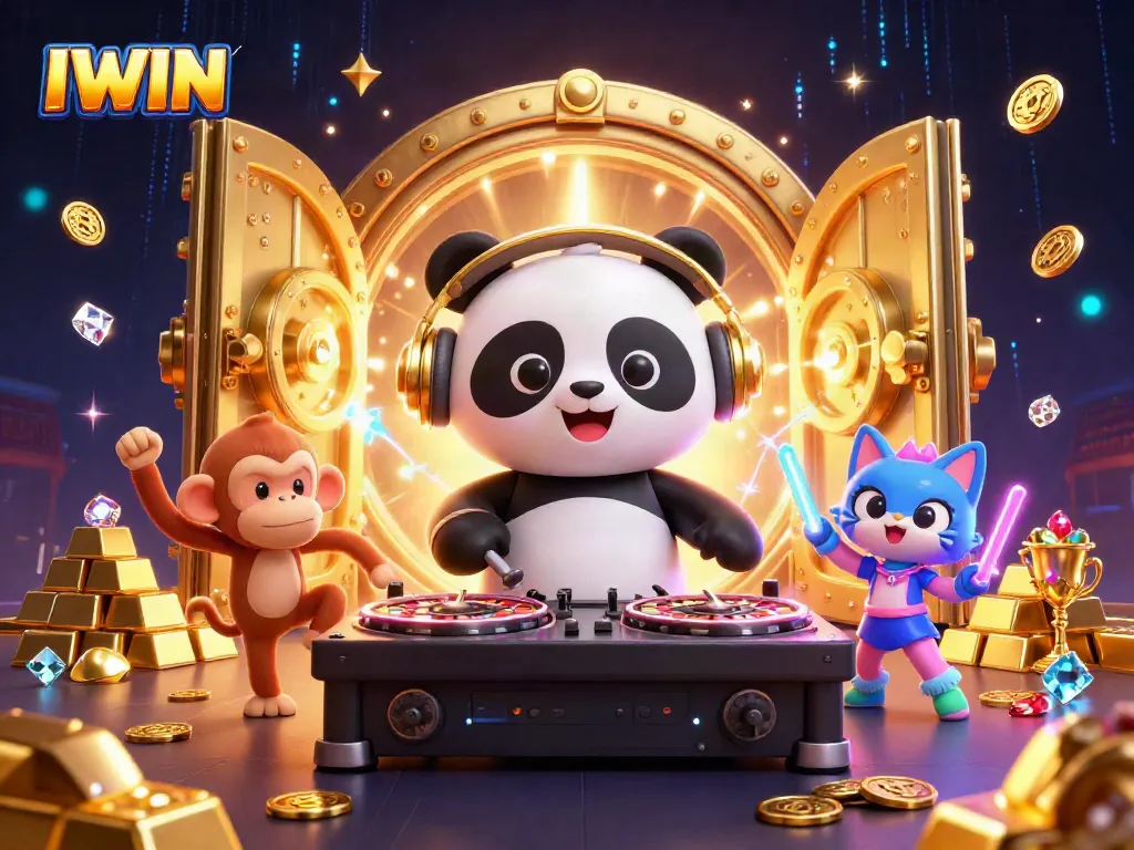 Experience vibrant gaming thrills with IWIN's animated fun, showcasing a DJ panda and friends.