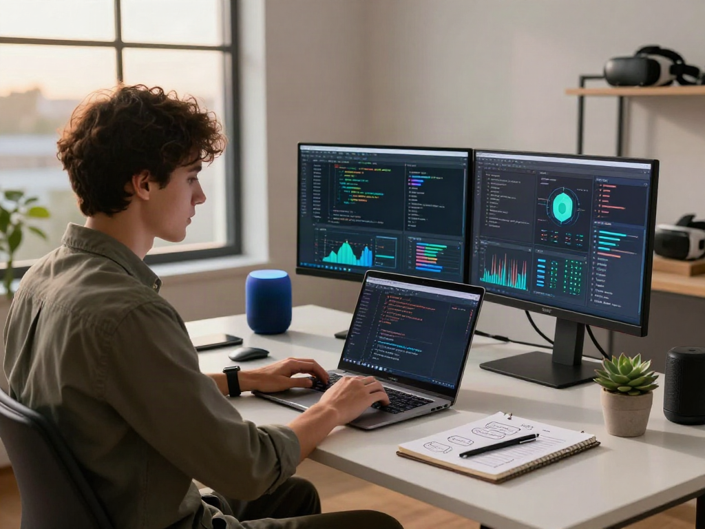 Young professional coding AI algorithms in modern workspace for ai 18+ innovation.