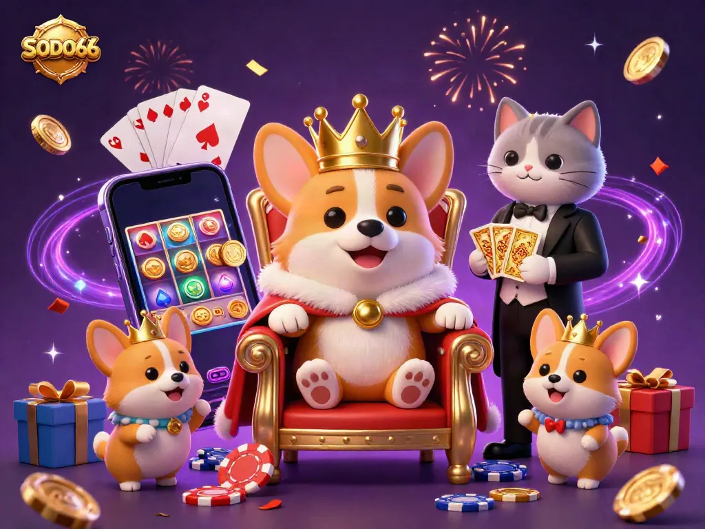 Engage with the vibrant SODO66 scene featuring a royal corgi and cat butler amidst casino excitement.