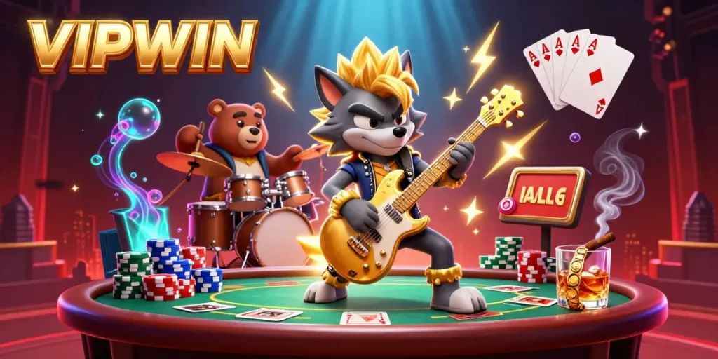 Experience thrilling casino action with VIPWIN as a rock star wolf and drummer bear illuminate the stage.