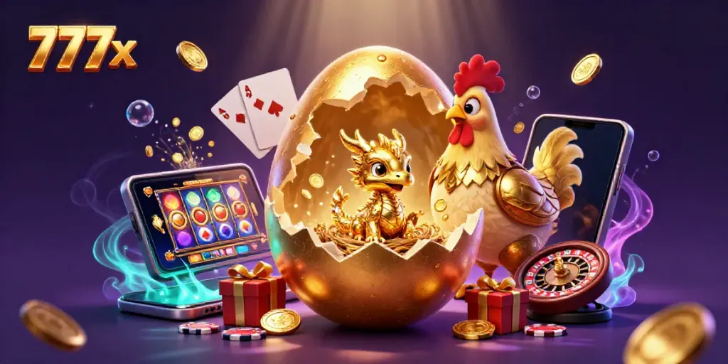Experience thrilling wins at 777x with stunning gaming visuals featuring a golden dragon amidst casino elements.
