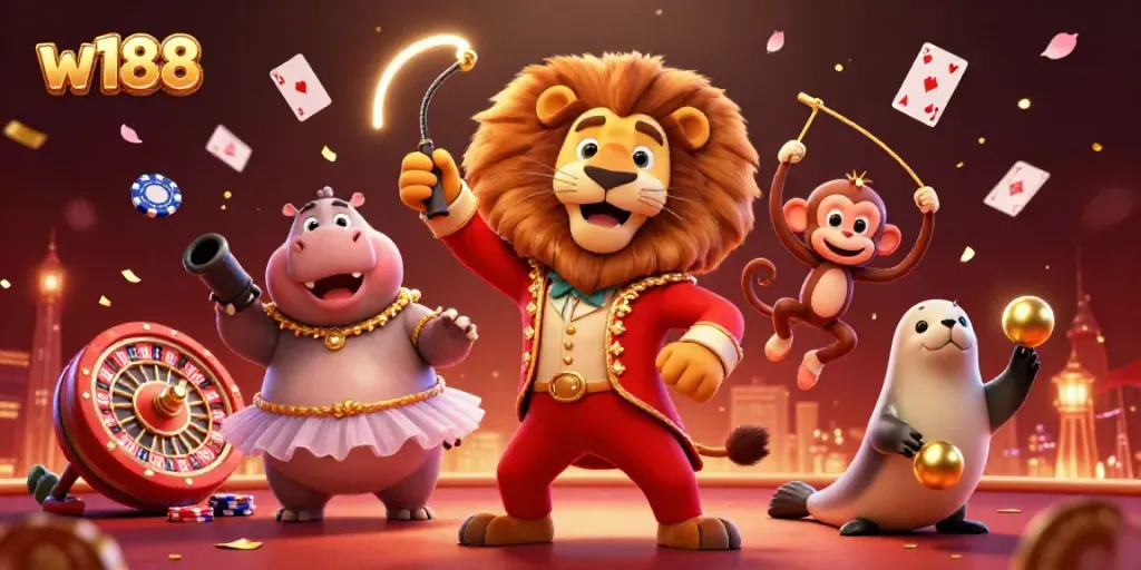w188 interactive gaming scene with festive characters and casino elements for an engaging online experience.