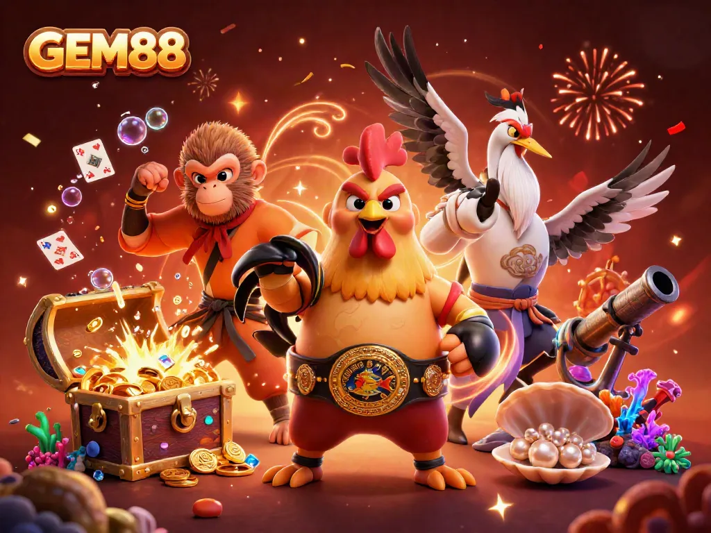 Experience the action-filled world of GEM88 with vibrant characters and rich casino elements.