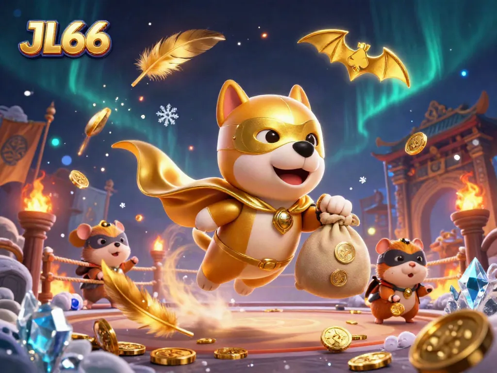 JL66 engages players with a cartoon superhero dog flying through a lively casino-themed scene.