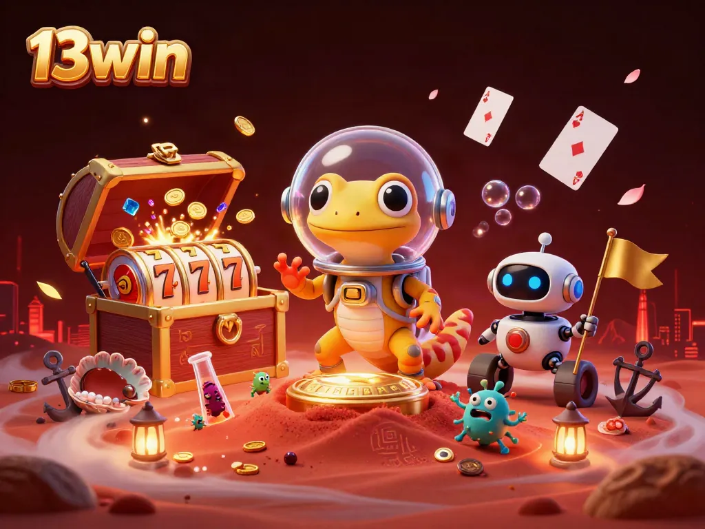 Experience the thrill of 13win as a Martian gecko uncovers a golden casino amidst Mars' sand.