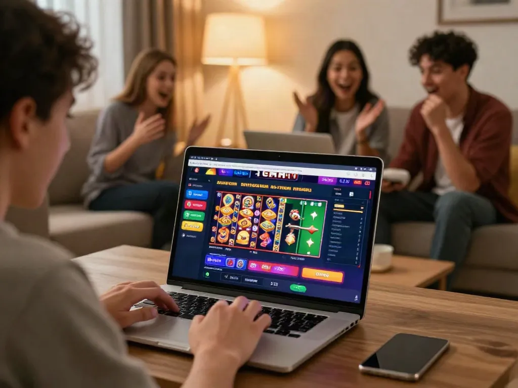 Online user interacting with the GEM88 platform featuring vibrant games and a cozy environment.