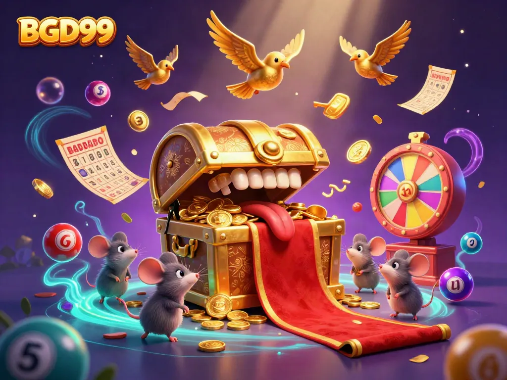BGD99 captures adventure with a treasure chest and colorful lottery elements in a vibrant casino scene.