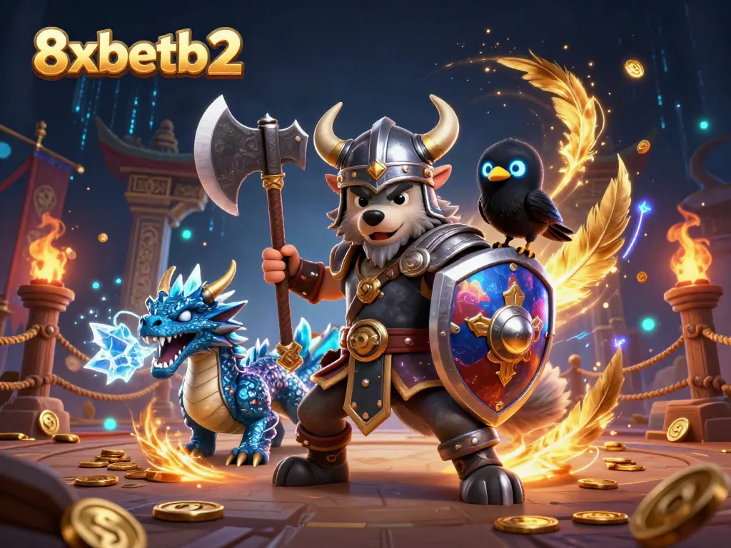 Experience 8xbetb2's vibrant Viking-themed 3D battle scene filled with dynamic gambling elements.