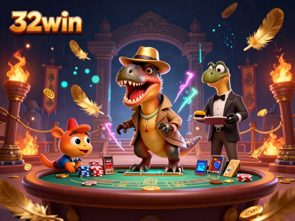 Experience thrilling moments at 32win as a velociraptor card counter sneaks chips at a blackjack table.