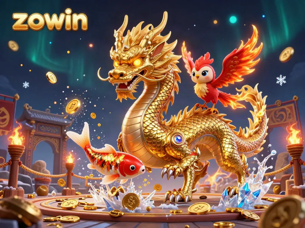 Experience the thrill of ZOWIN with a dynamic scene of a golden dragon, phoenix, and koi fish amidst flying coins.