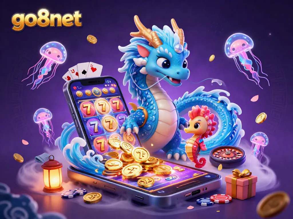 Experience the excitement at go8net with a vibrant 3D casino scene featuring a lucky water dragon and glowing jellyfish.