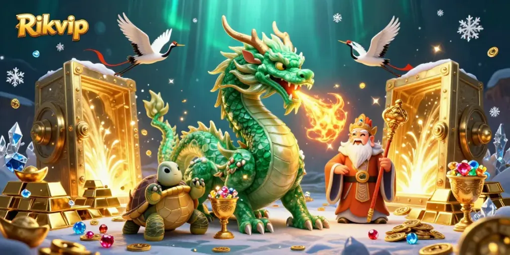 Rikvip showcases thrilling casino adventures with a majestic jade dragon and lucky cranes.