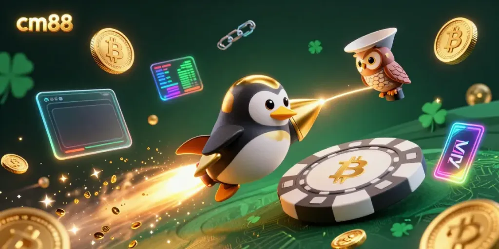 Experience exciting gaming with cm88, featuring a golden penguin and casino-themed design elements.