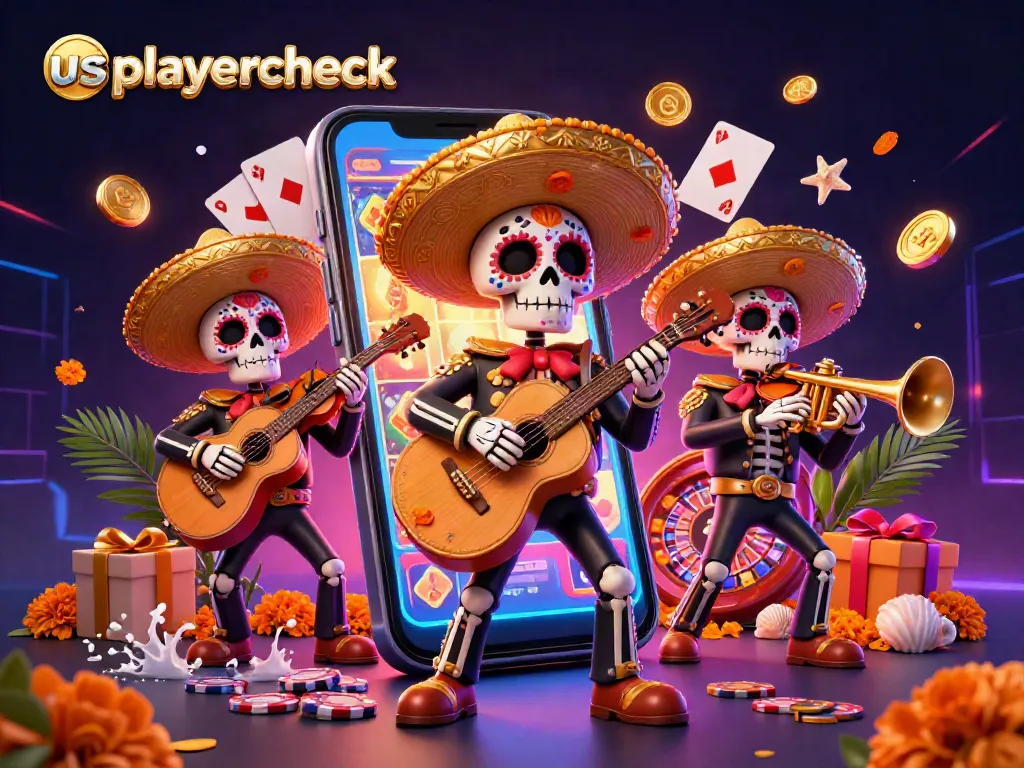 Engage with usplayercheck at a vibrant 3D casino scene featuring Day of the Dead mariachi band, slot games, and casino elements.