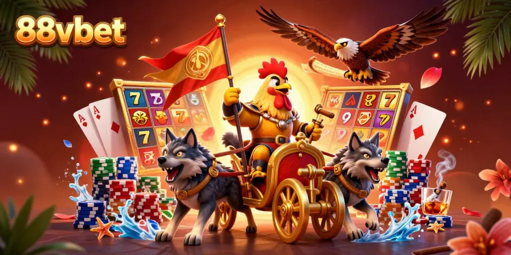 Experience thrilling gameplay at 88vbet with a vibrant 3D illustration featuring a rooster warlord in a dynamic casino scene.