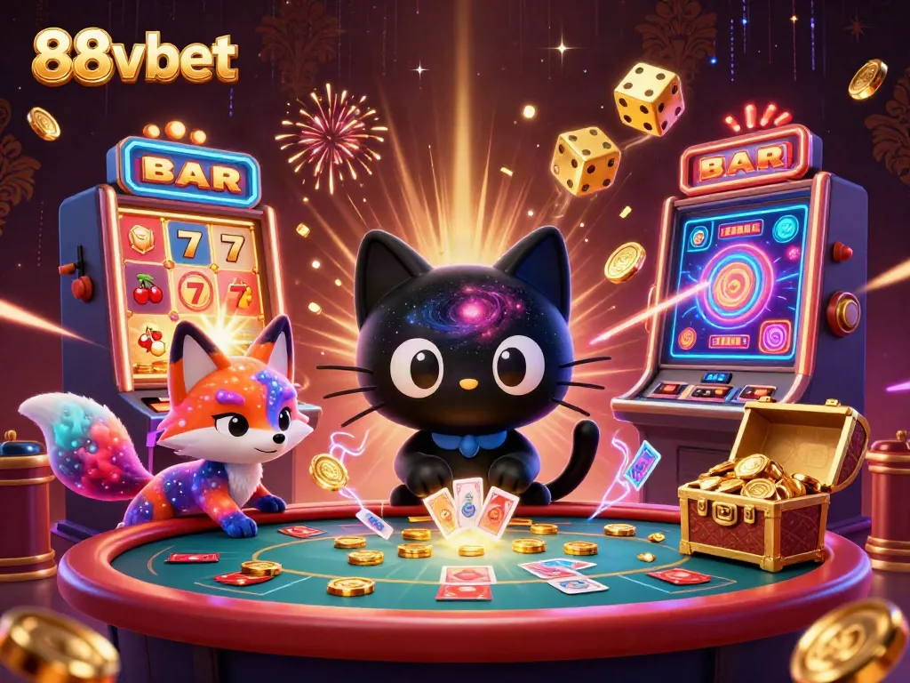 Engage with 88vbet at a cosmic casino table with vibrant elements and dynamic 3D characters.