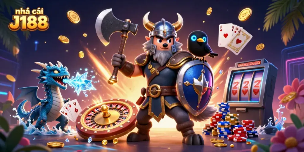 Experience thrilling wins at nhà cái J188 with vibrant casino elements and characters in action.