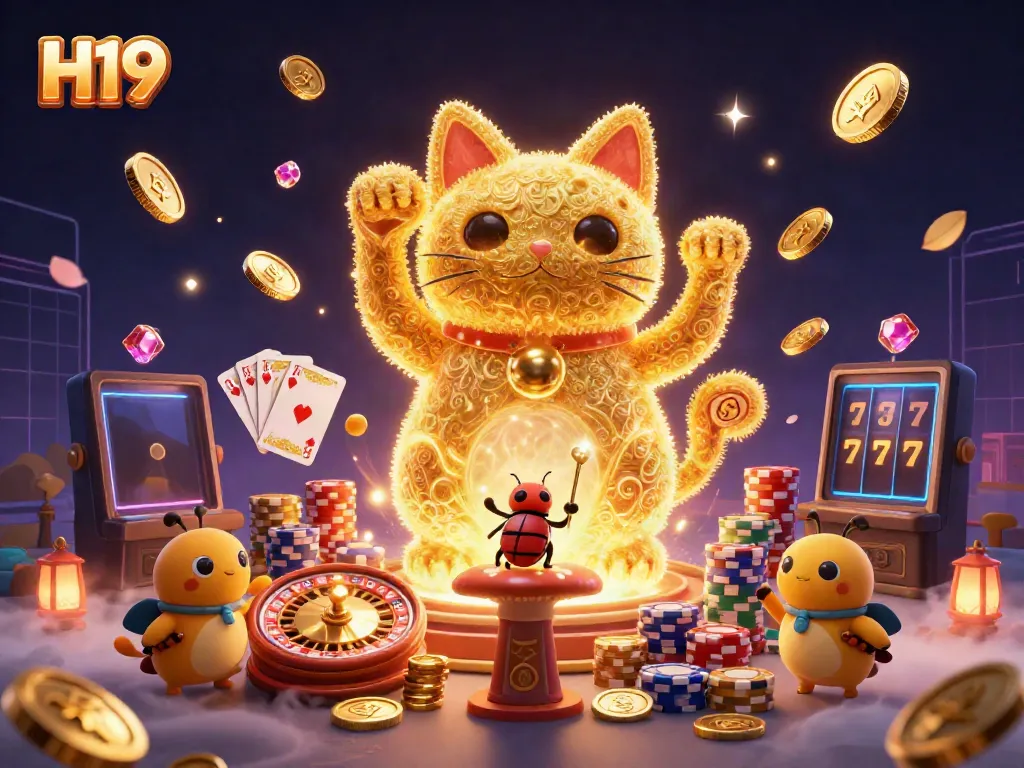 Engage in thrilling gaming with H19's vibrant casino scene featuring a lucky cat and rich casino elements.