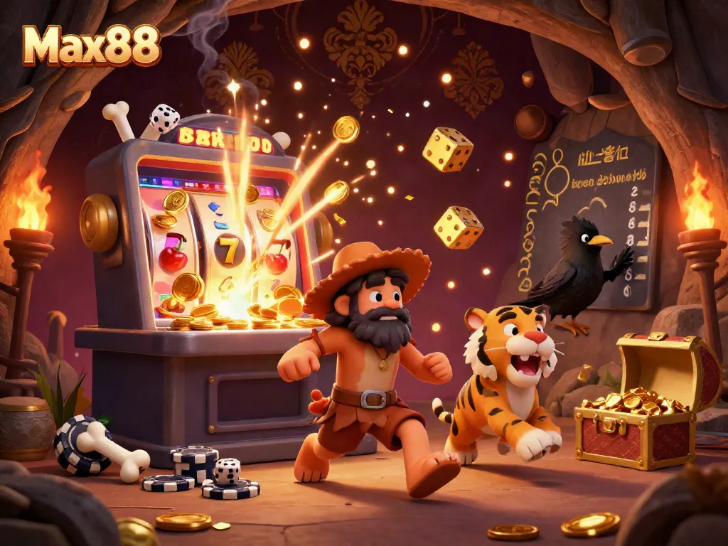 Experience the thrill of Max88 with a prehistoric casino scene featuring characters and vibrant elements that showcase an engaging gambling atmosphere.