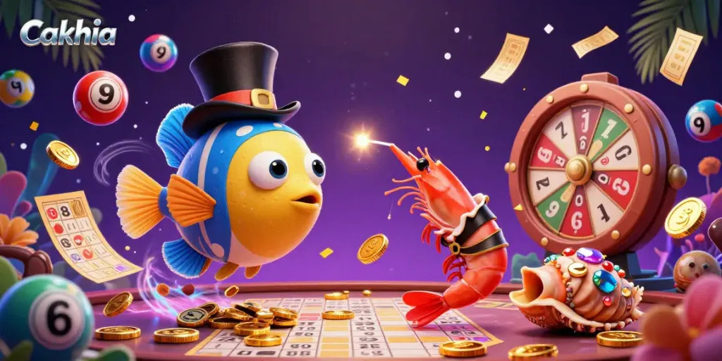 Cakhia captures the excitement of sports betting with a vibrant scene featuring a colorful anglerfish character attracting coins amidst lively gaming elements.