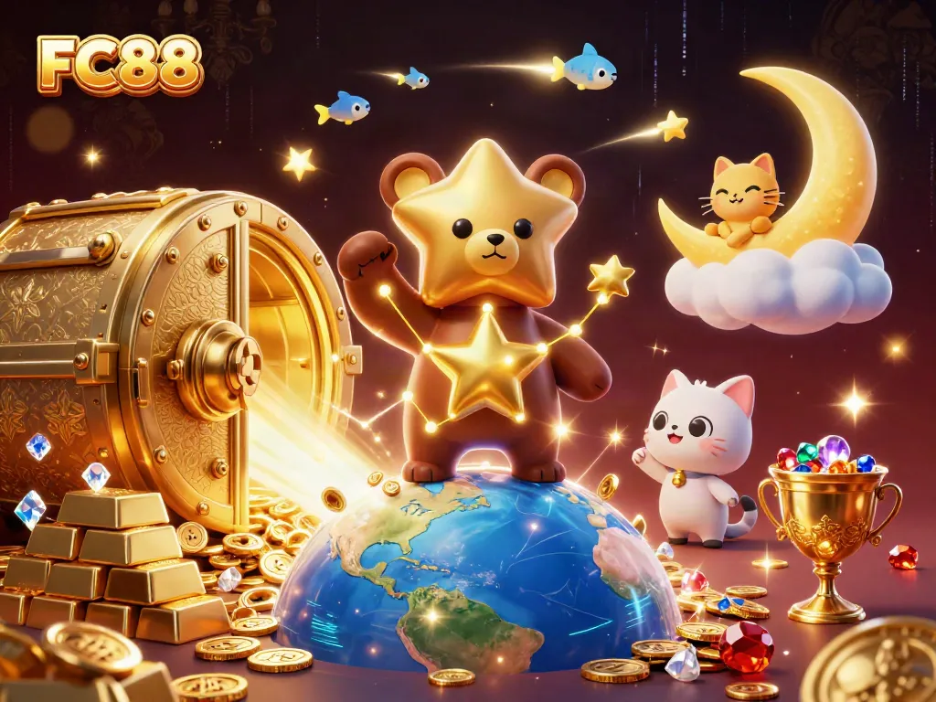 Experience the excitement of FC88 with golden treasures and magical characters in a vibrant casino scene.