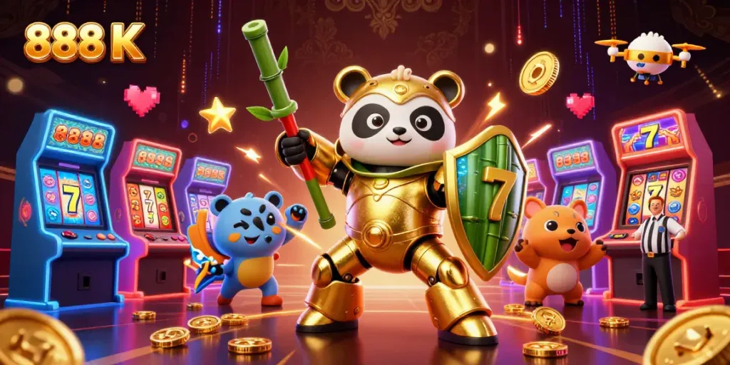 Experience the thrilling action of 888 K at a vibrant cartoon casino with colorful slot reels and game elements.