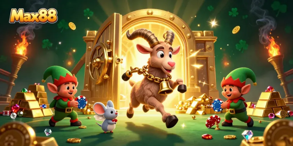 Engaging illustration of Max88 where a Krampus goat and angel mouse bring holiday fun to a lively casino.