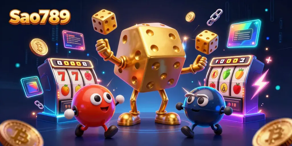 Sao789 showcases exciting casino gameplay with a golden dice golem and vibrant game elements.
