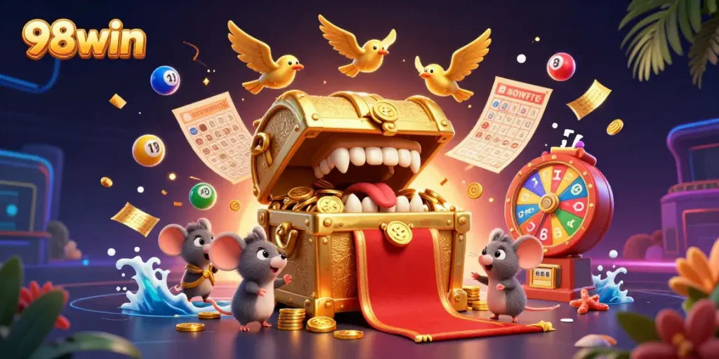 Capture the thrill of winning at 98win with a dazzling display of colorful lottery elements and treasure.
