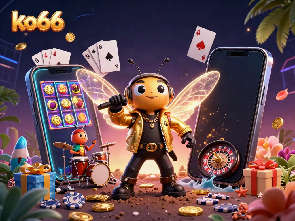 Experience thrilling gaming at ko66 with 3D characters and vibrant casino elements bursting with excitement.