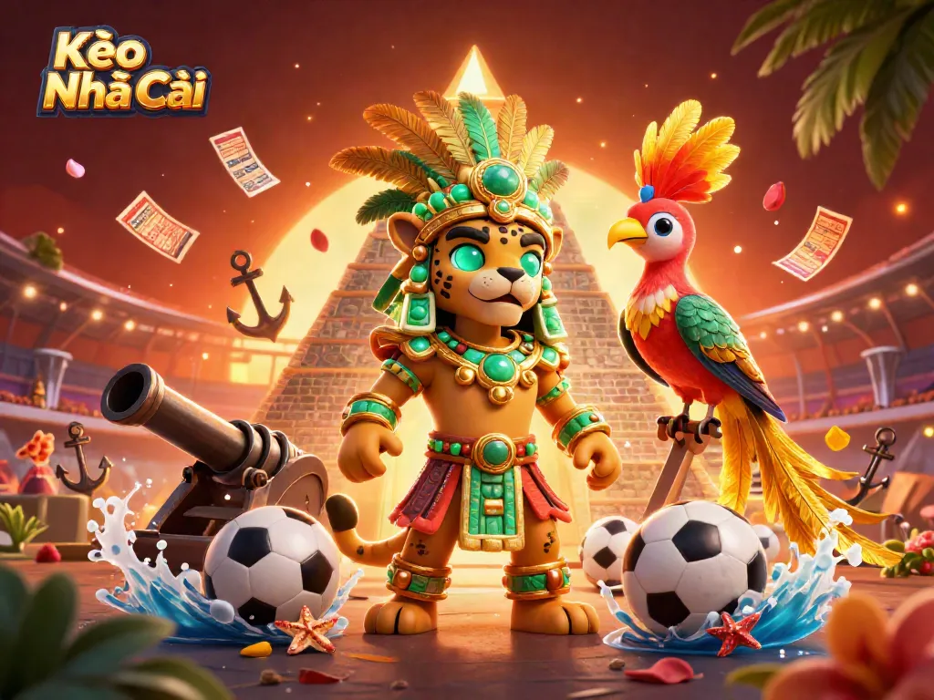Engage in Kèo Nhà Cái sports betting excitement with dynamic characters and elements surrounded by betting slips and sports balls.