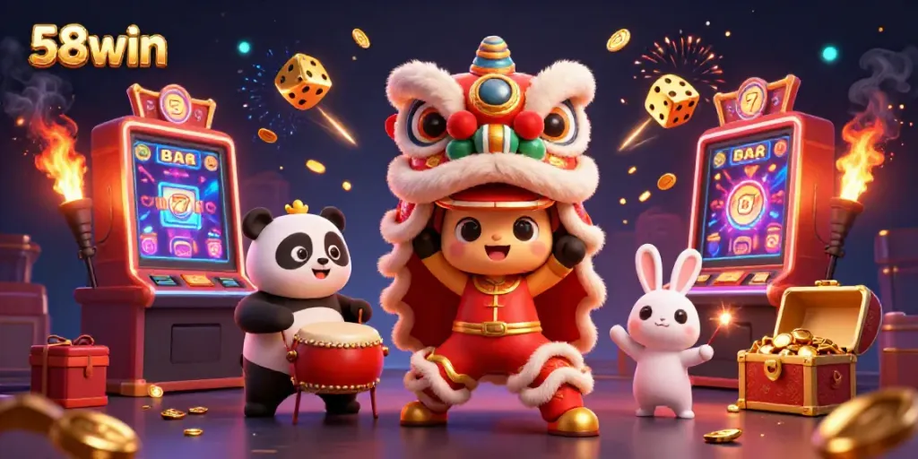 Experience the excitement of 58win with a vibrant casino scene featuring animated characters and jackpot elements.